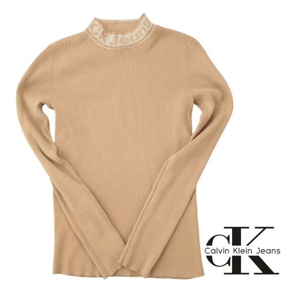 Calvin Klein Sweaters - Calvin Klein Ribbed Mock Neck Sweater XS Camel Neutral Minimalist Knit Top